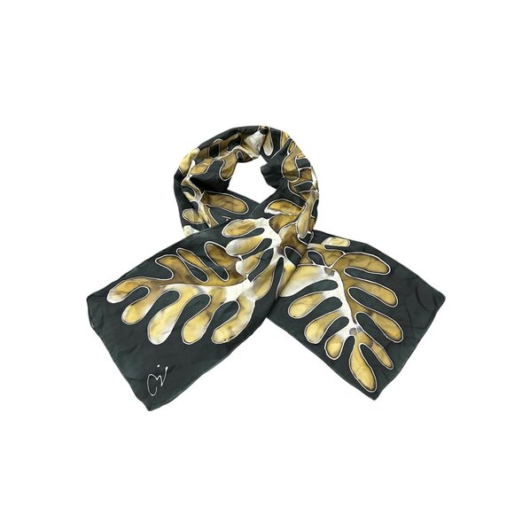 Hand Painted Scarf With Leaf Design Black Gold Rectangular Shawl Wrap Comfy - Picture 1 of 8